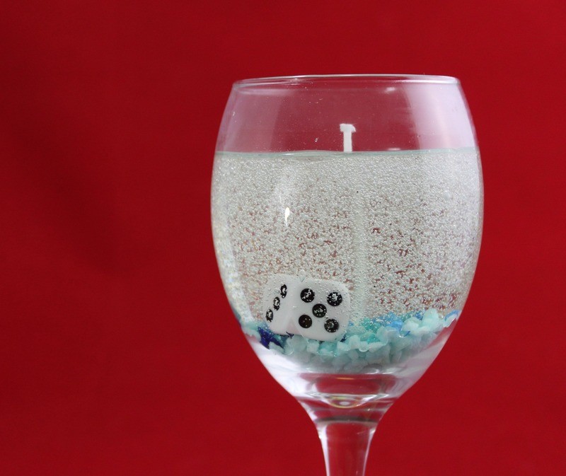 Cool Water Scented Gel Candle In Wine Glass with Dice Embeds
