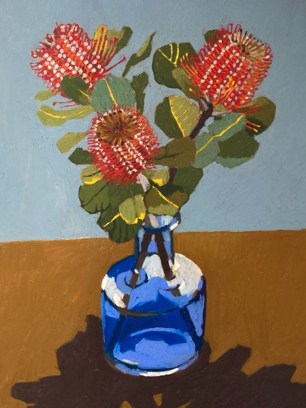 Original Oil Pastel COCCINEA AND BLUE VASE