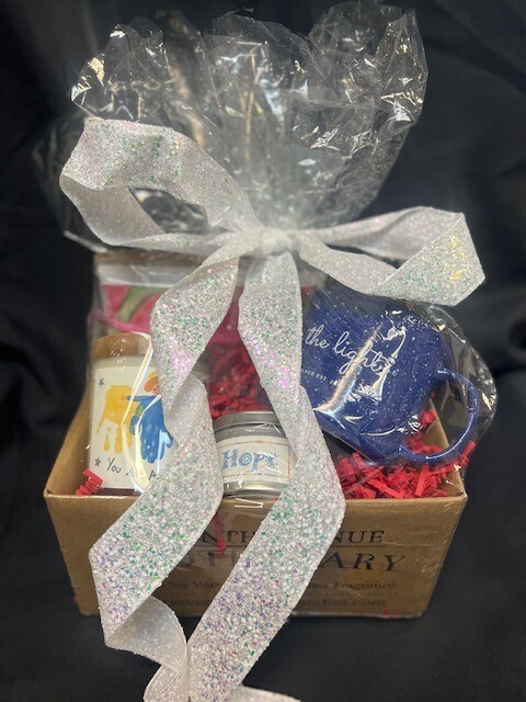 Gift Basket W/ Be the Light Blue Campfire Mug Gift Basket W/ Be the Light Blue Campfire Mug