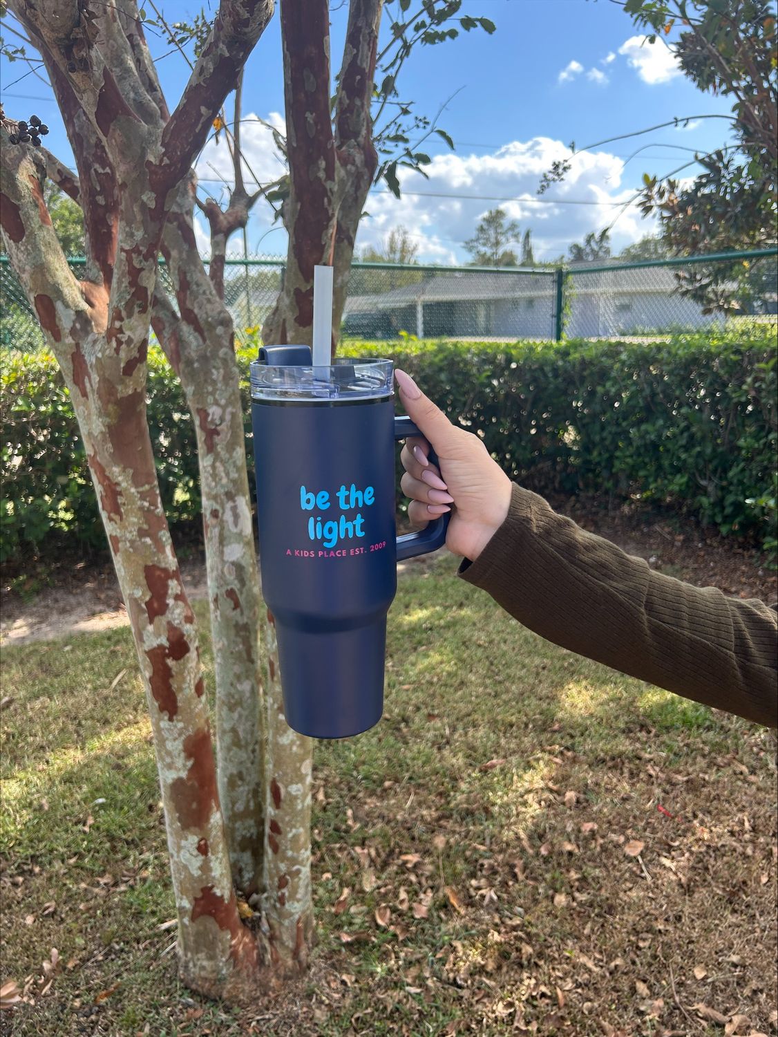 Be The Light Navy Tumbler with Handle