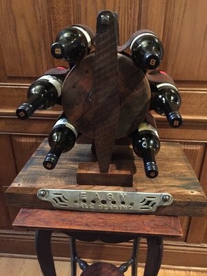 Antique Wood Industrial Pulley Wine Rack