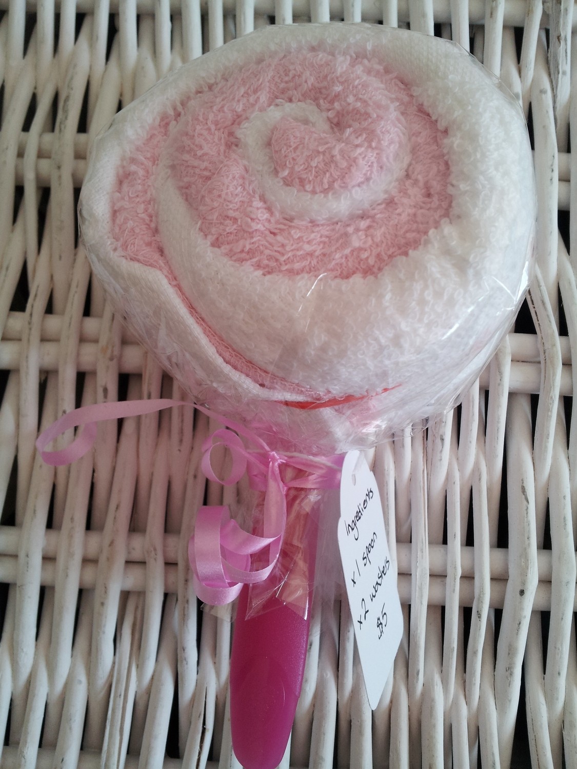 Pink &amp; white washcloth lollipop