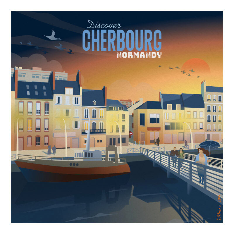 Affiche poster de Cherbourg, ville normande - illustration vintage
