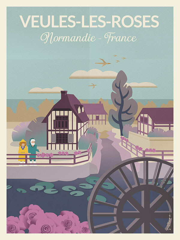Affiche poster de Veules-les-Roses, Normandie - Illustration vintage du Studio Creavisa