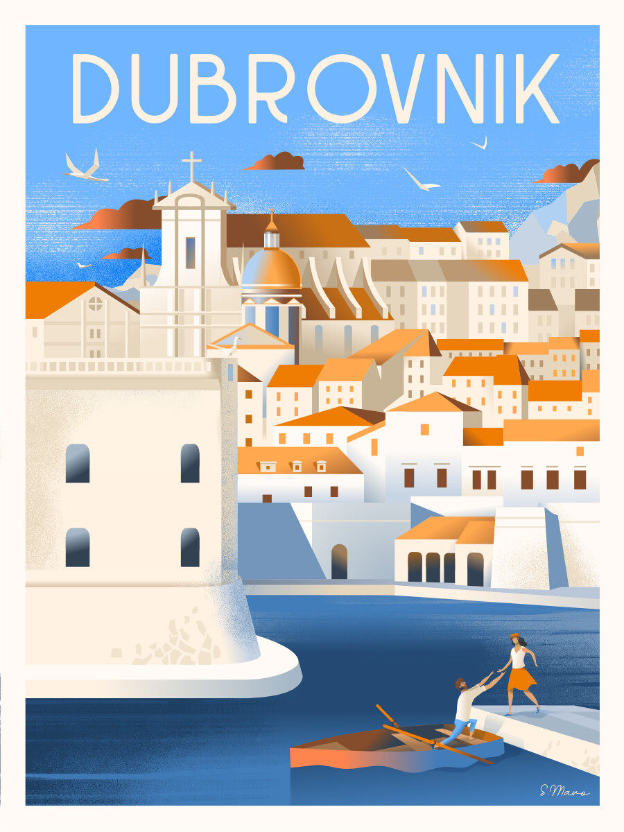 Affiche poster de Dubrovnik, Croatie -  illustration vintage