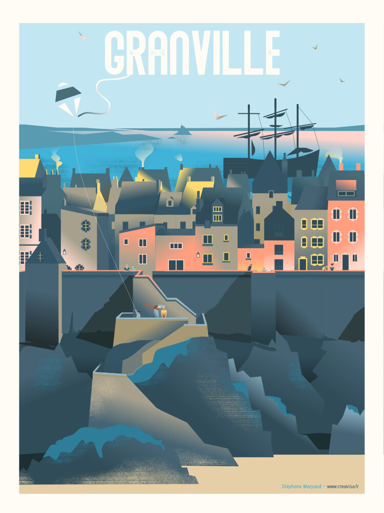 Affiche de Granville, plage de la Grève -  illustration vintage