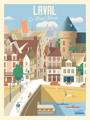 Affiche poster de Laval, Pont-Vieux et Grande Rue, Mayenne - Illustration vintage du Studio Creavisa