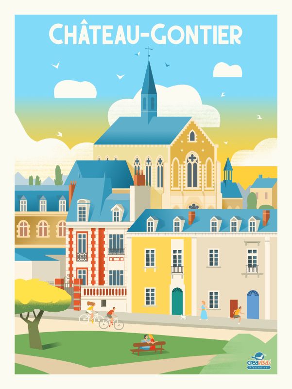 Affiche de la ville de Château-Gontier - Illustration vintage du Studio Creavisa