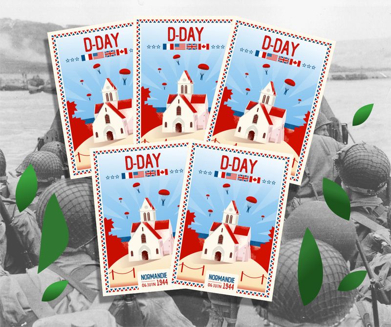 Lot de 5 cartes postales D-Day 2025 - Sainte-Mère-Eglise ! Lot de 5 cartes postales D-Day 2025 - Sainte-Mère-Eglise !
