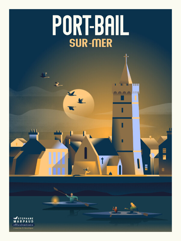 Illustration vintage et affiche de la ville de Portbail
