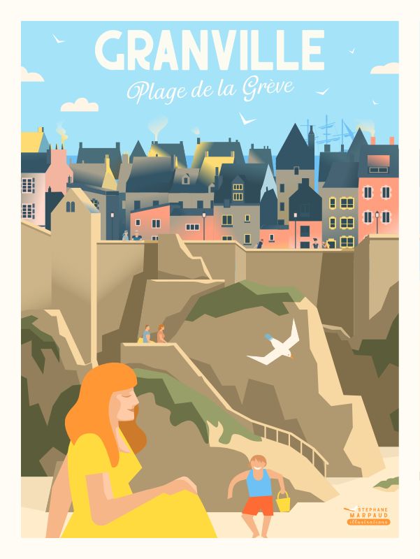 Affiche Granville : la plage de la Grève, Manche, Normandie - Illustration vintage du Studio Creavisa