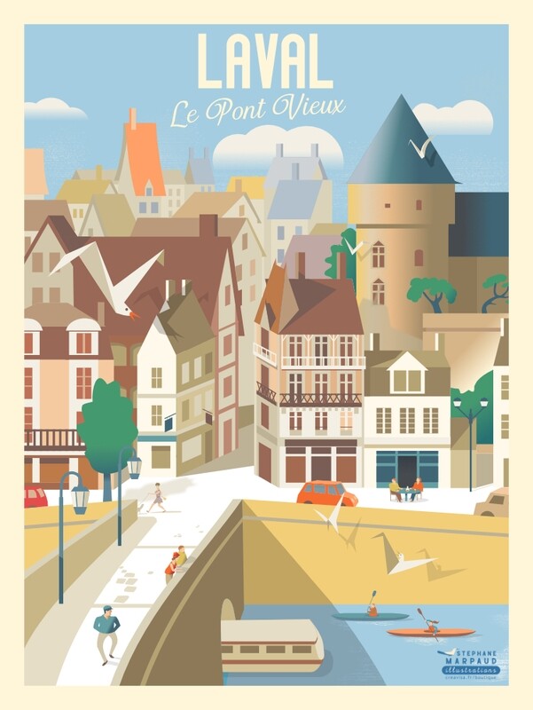 Affiche Laval, Pont-Vieux et Grande Rue, Mayenne - Illustration vintage du Studio Creavisa