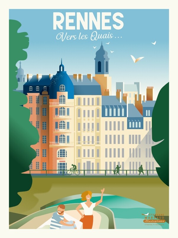 Affiche de Rennes - Les quais - Illustration vintage du Studio Creavisa