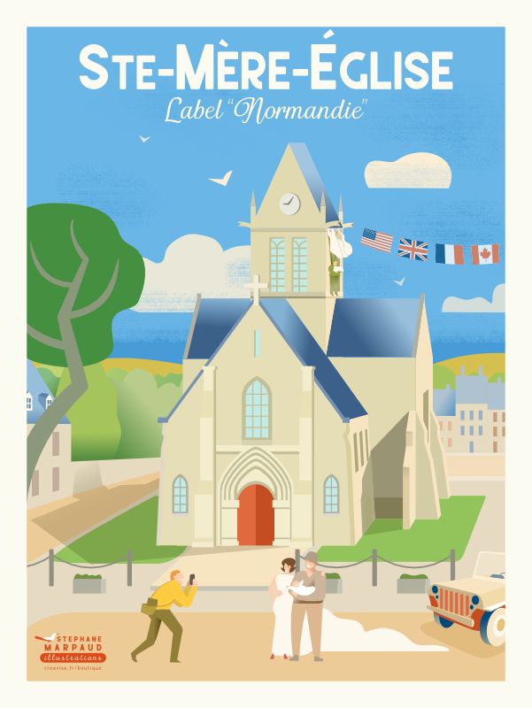 Affiche de Sainte-Mère-Église - Illustration vintage du Studio Creavisa