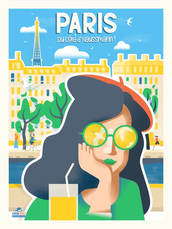 Affiche de Paris, Boulevard Haussmann & Tour Eiffel  - Illustration vintage du Studio Creavisa