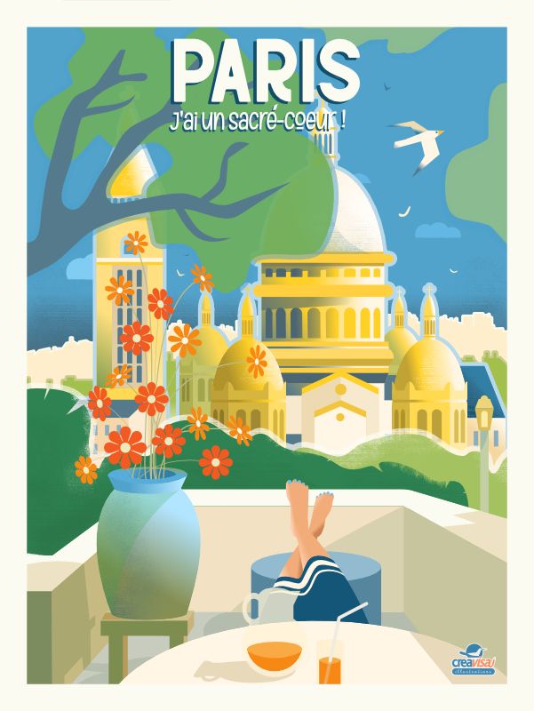 Affiche de Paris, Sacré-Coeur  - Illustration vintage du Studio Creavisa