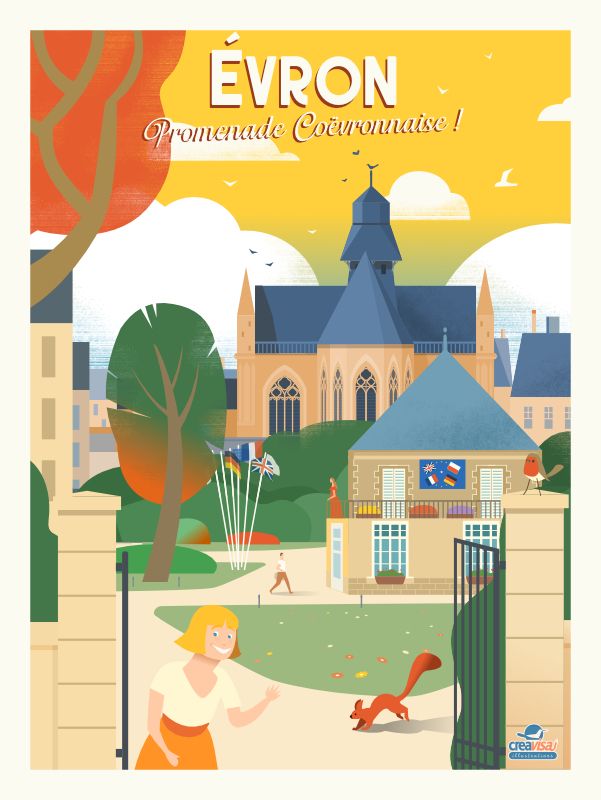 Affiche de la ville d'Évron - Illustration vintage du Studio Creavisa