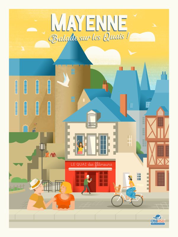 Affiche de la ville de Mayenne - Illustration vintage du Studio Creavisa