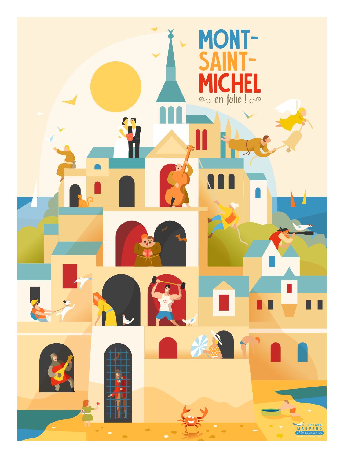 Affiche "Le Mont-Saint-Michel en folie" – Illustration humoristique du Studio Creavisa