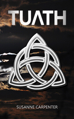 Front cover of Tuath by Susanne Carpenter, featuring a Celtic knot design against the backdrop of a dark, stormy sky.