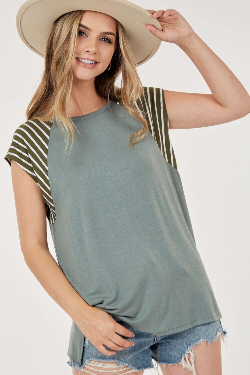 Striped Sleeve Top Olive