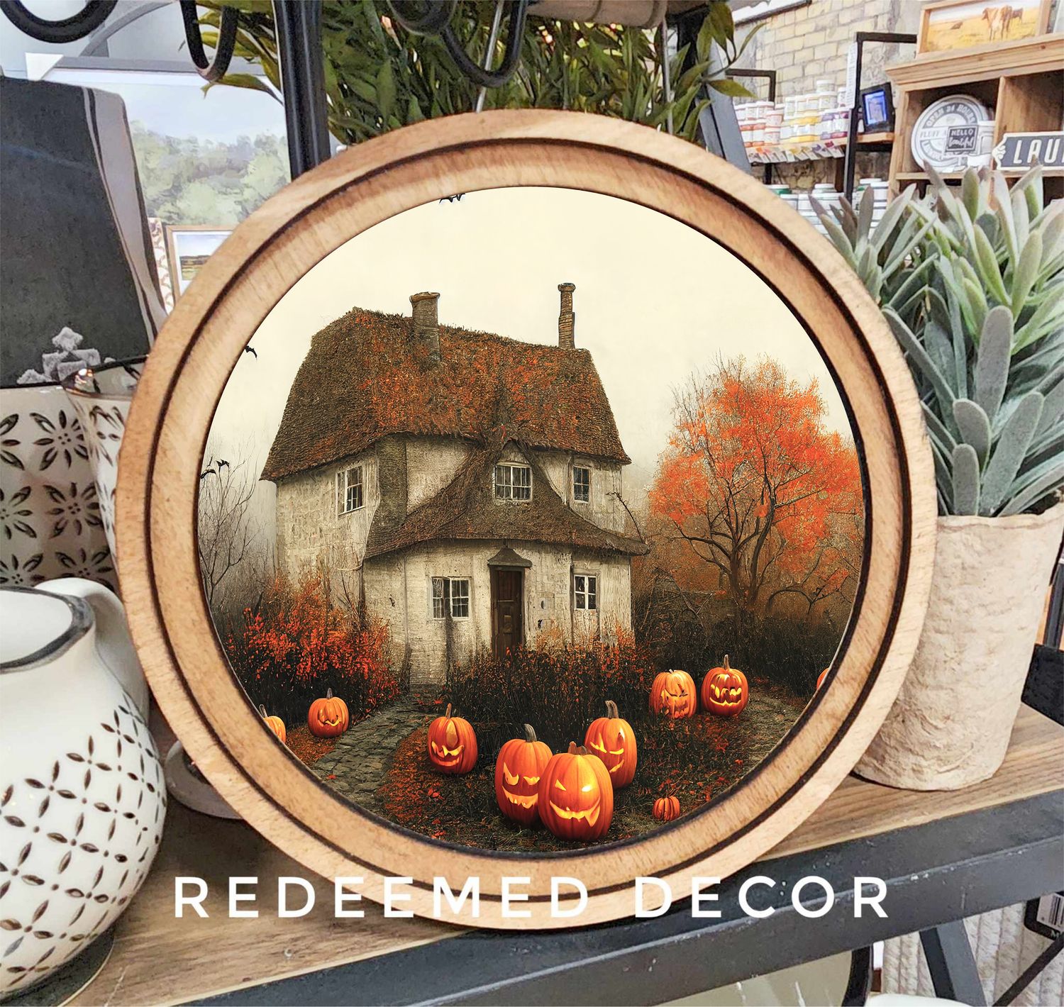 Round Halloween Farmhouse Framed Canvas Art