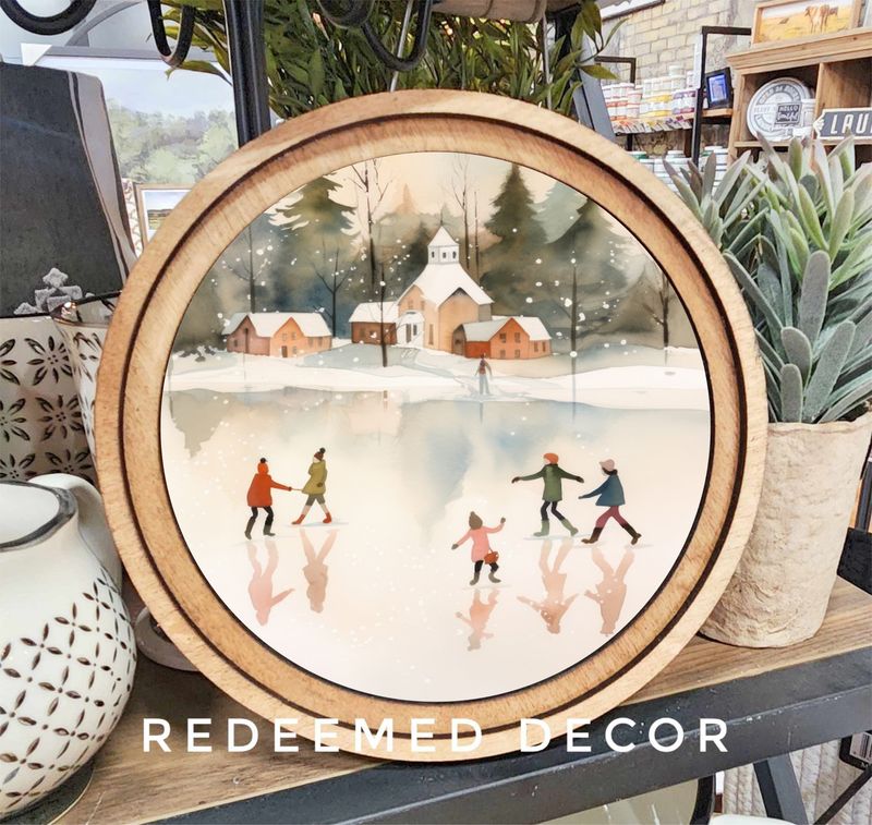 Round Christmas Ice Skate Framed Canvas Art