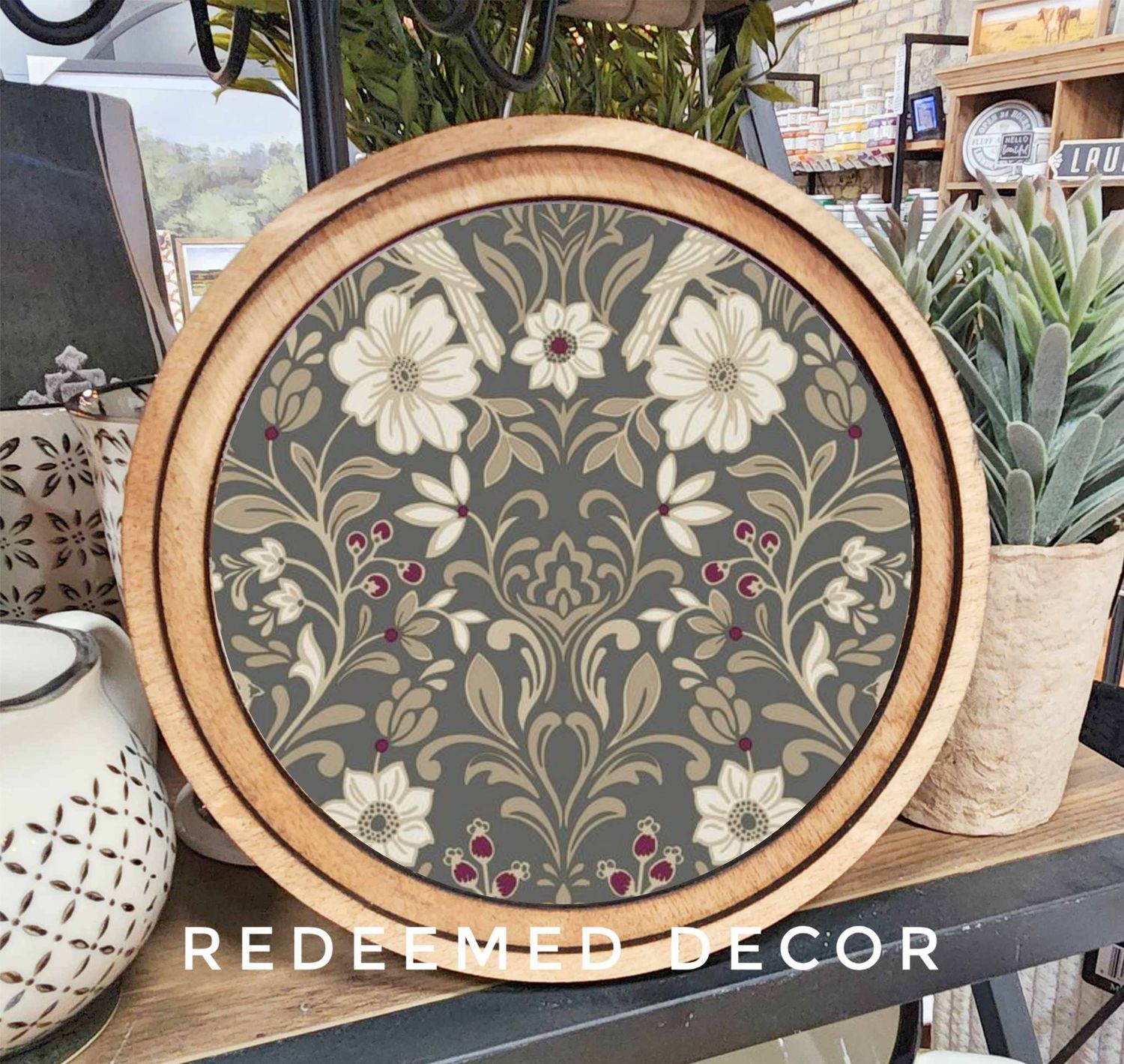 8&quot; Round Charcoal Floral Art