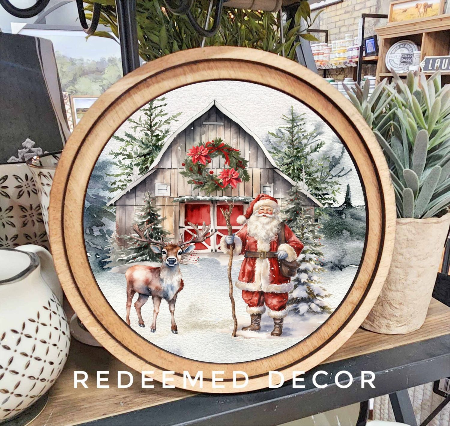 8&quot; Round Santa Barn Reindeer Art