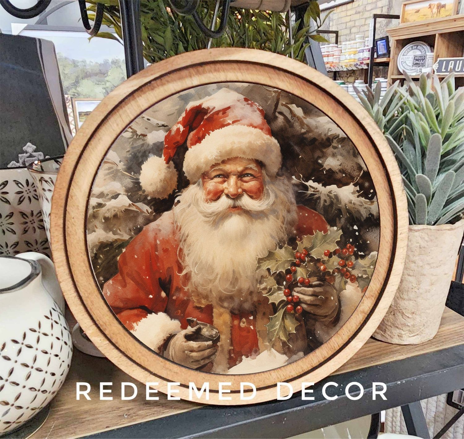 8&quot; Round Santa With Holly Art