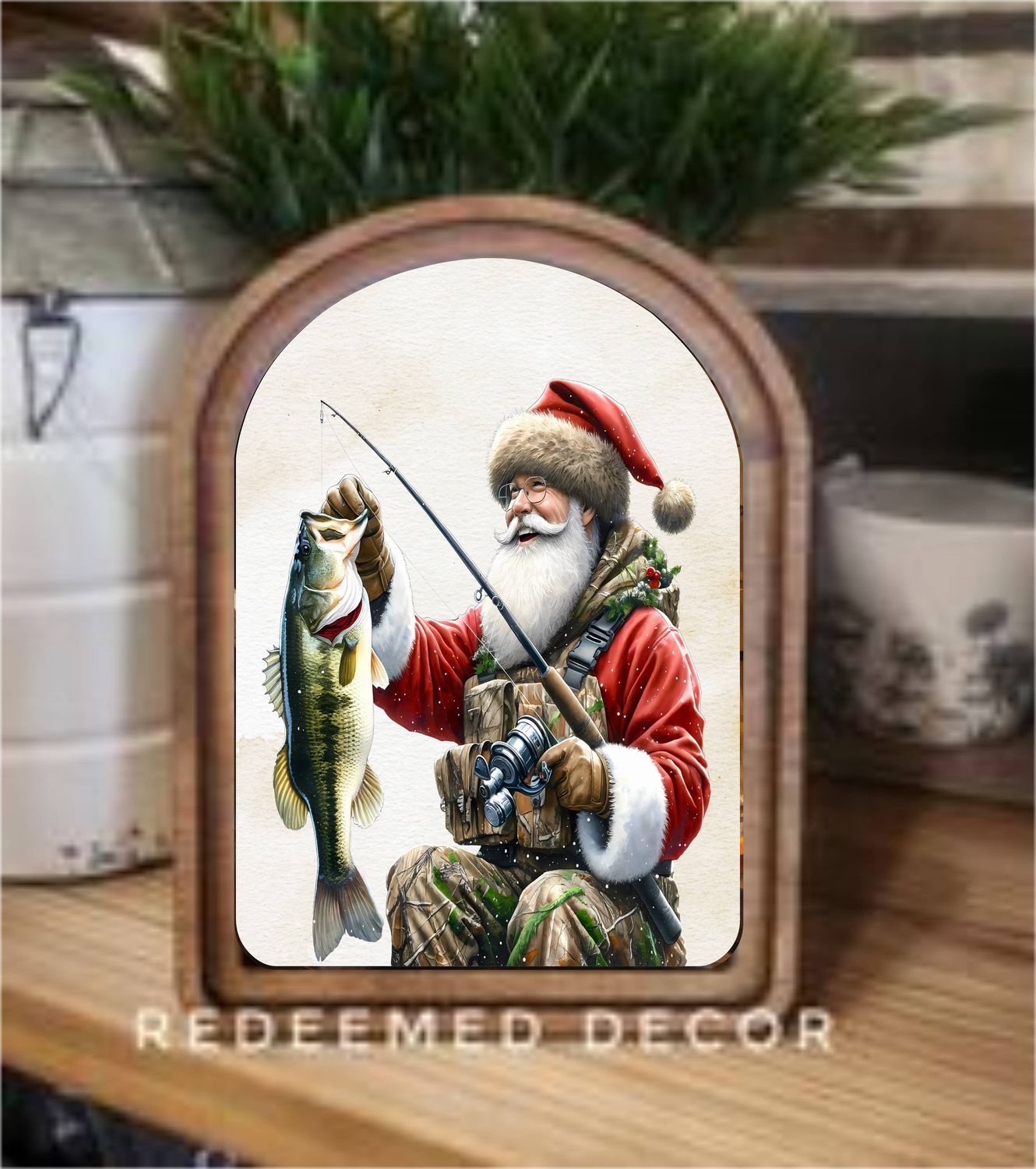 Arch Top Fishing Santa Framed Art