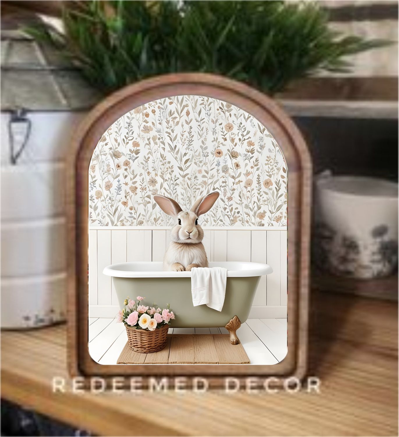 Arch Top Bunny in Tub Framed Art