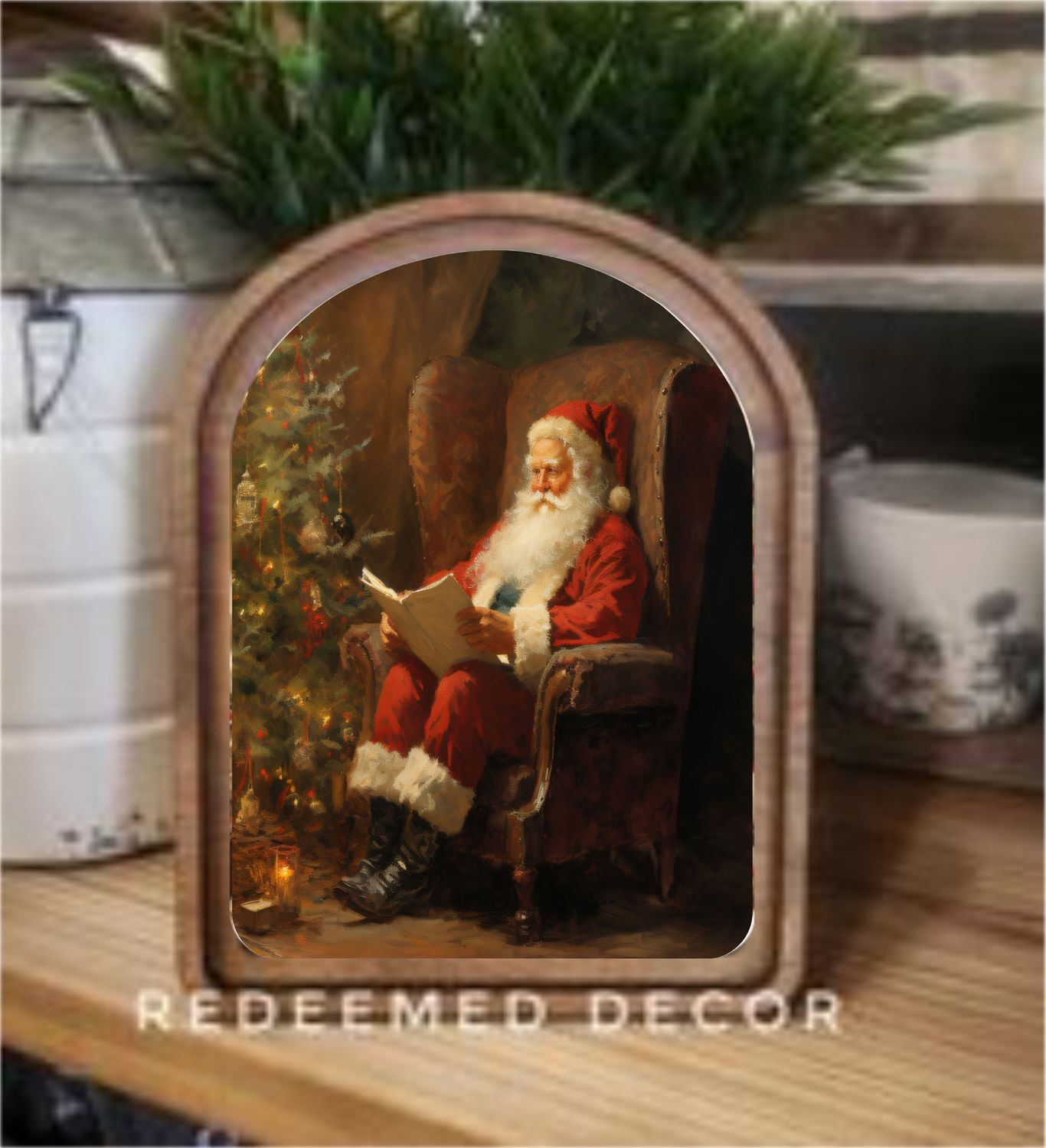 Arch Top Santa Reading Framed Art