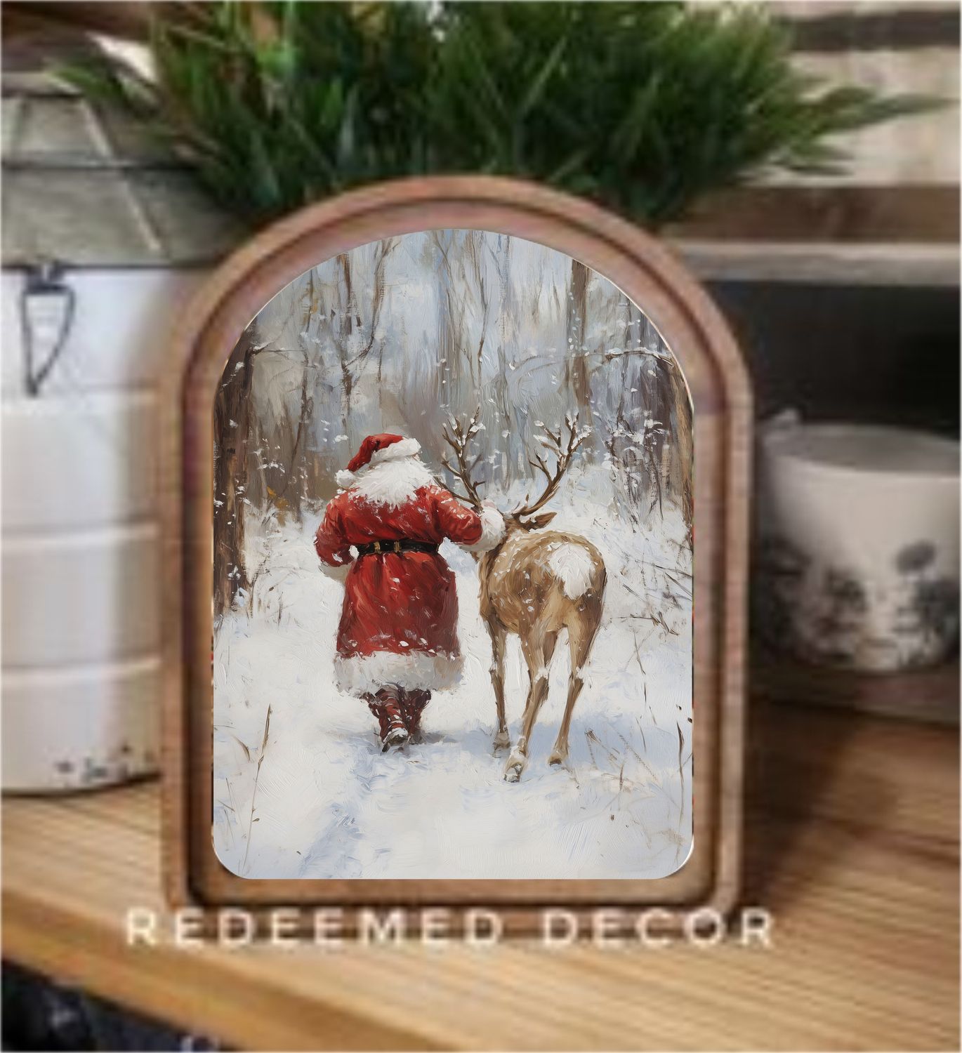 Arch Top Santa With Reindeer Framed Art