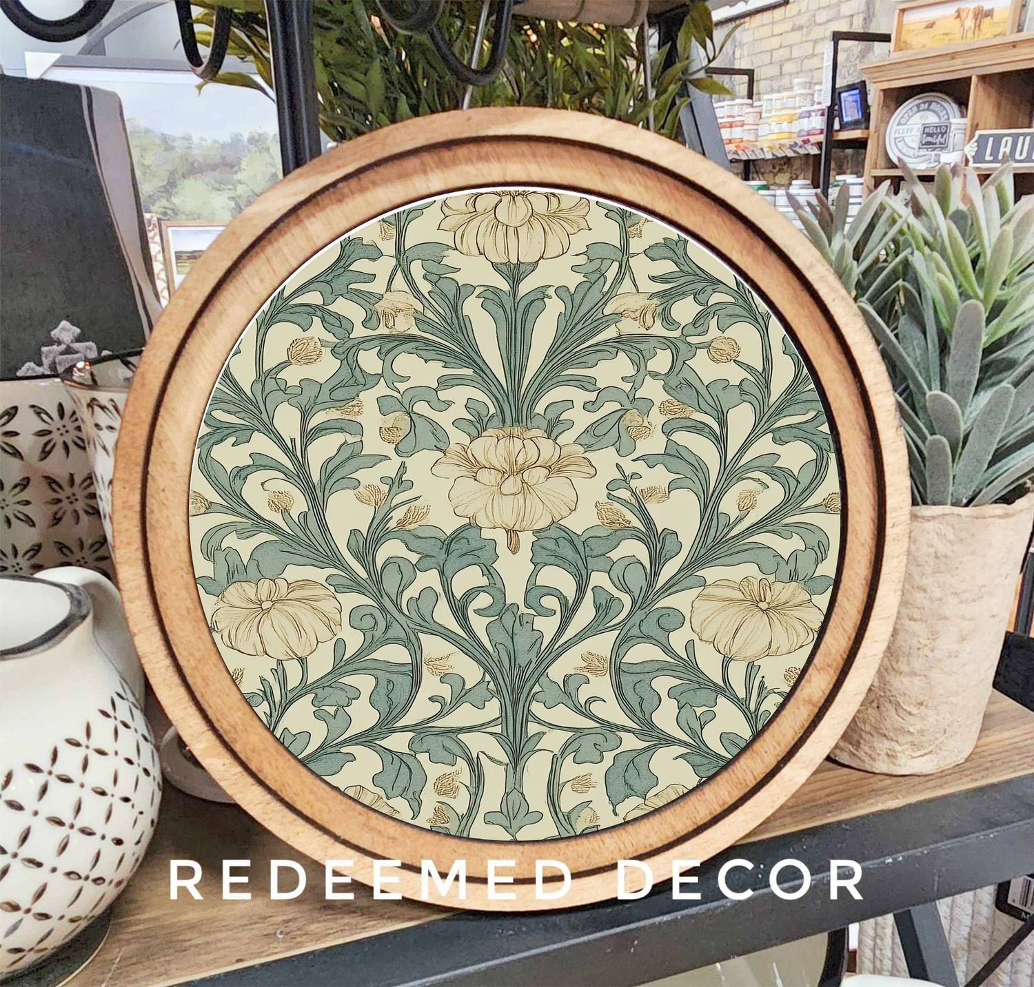 8&quot; Round Blue Cream Floral Art