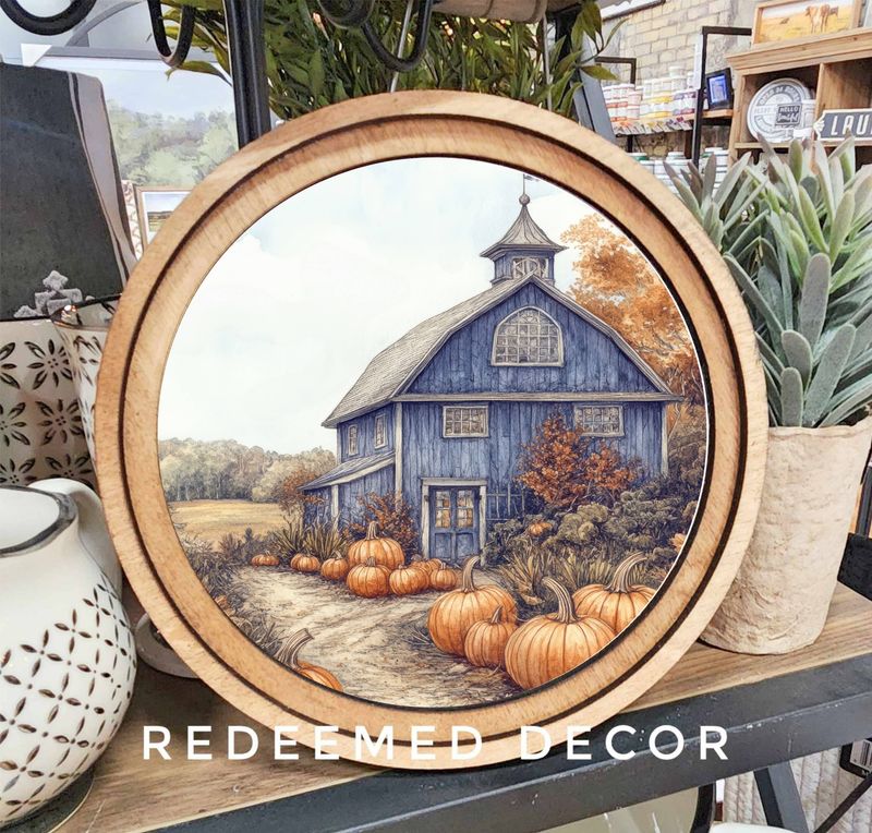 8&quot; Round Blue Fall Barn Art