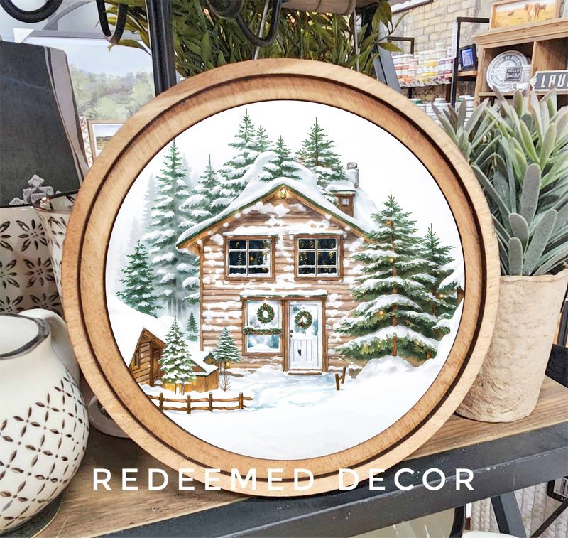 8&quot; Round Christmas Cabin Art