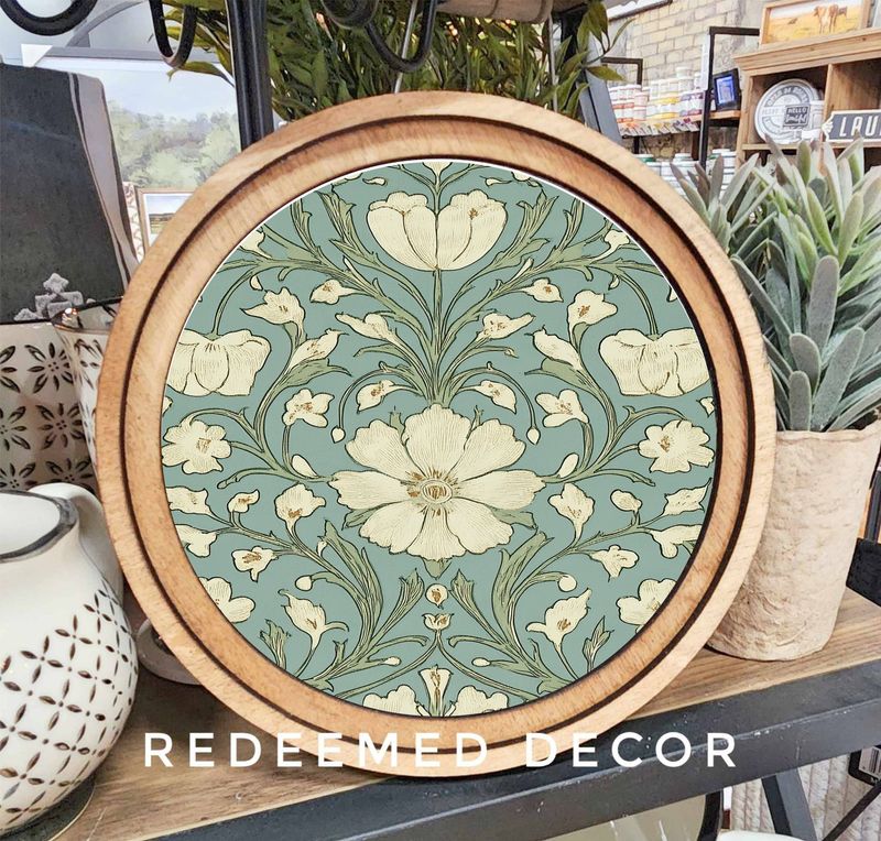 8&quot; Round Dusty Blue Floral Art