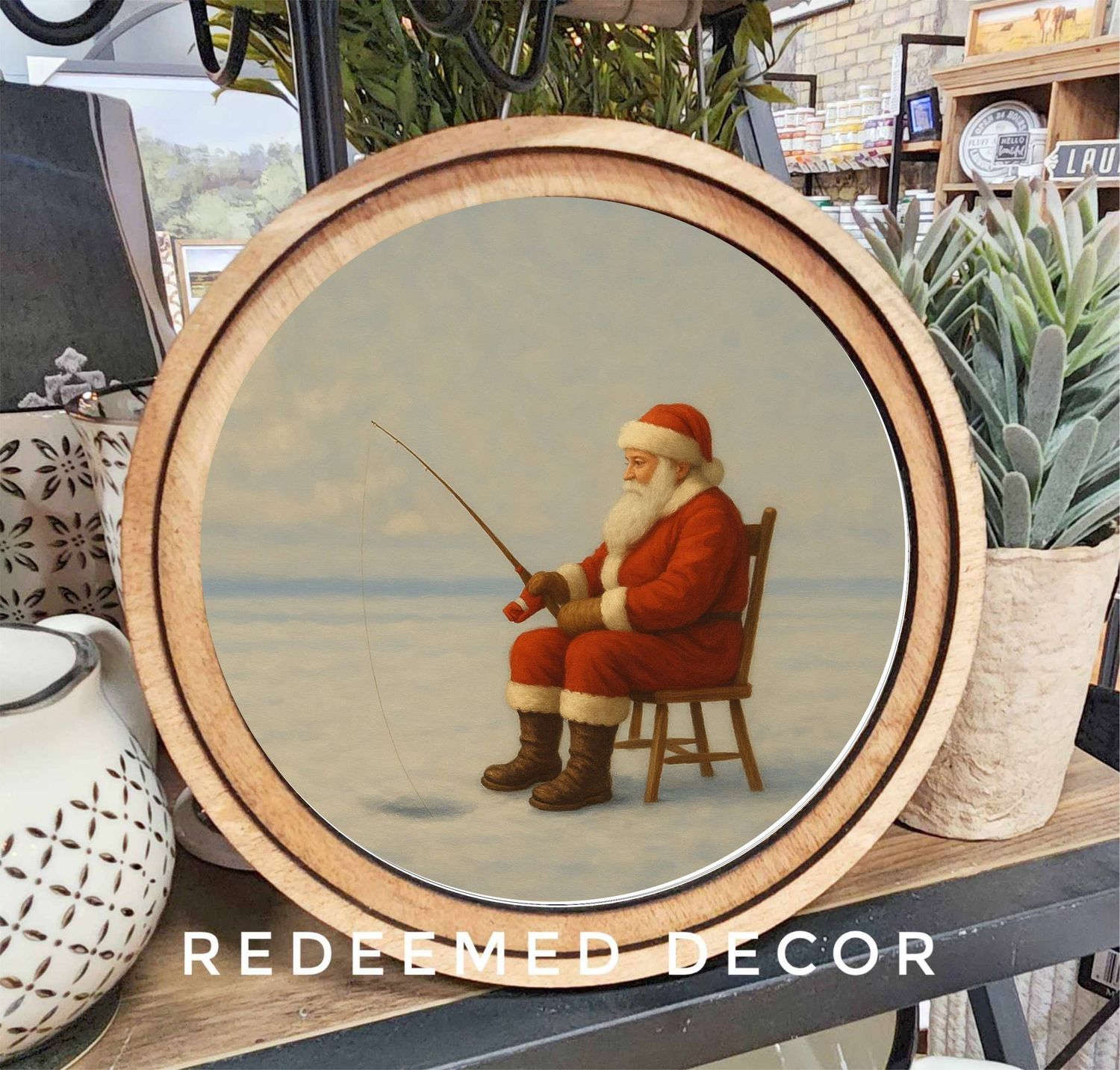 8&quot; Round Ice Fishing Santa Art