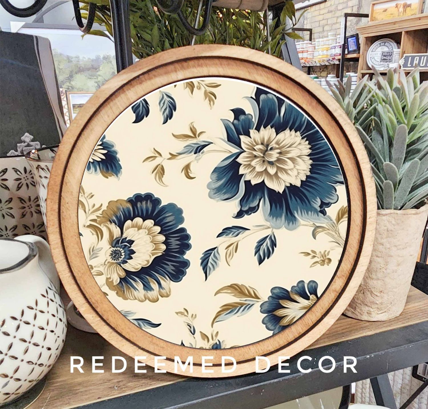 8&quot; Round Navy Tan Floral Art