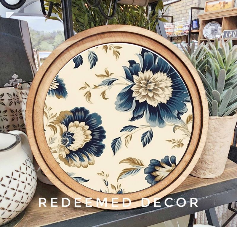 8&quot; Round Navy Tan Floral Art