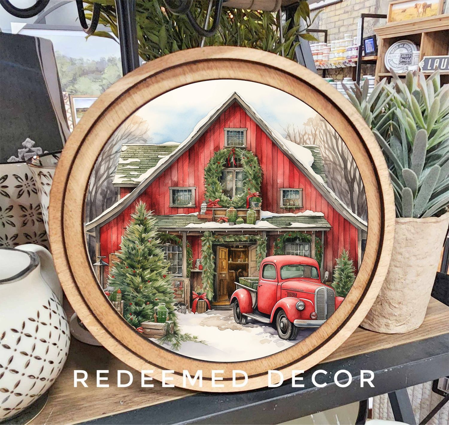 8&quot; Round Red Christmas Barn Art