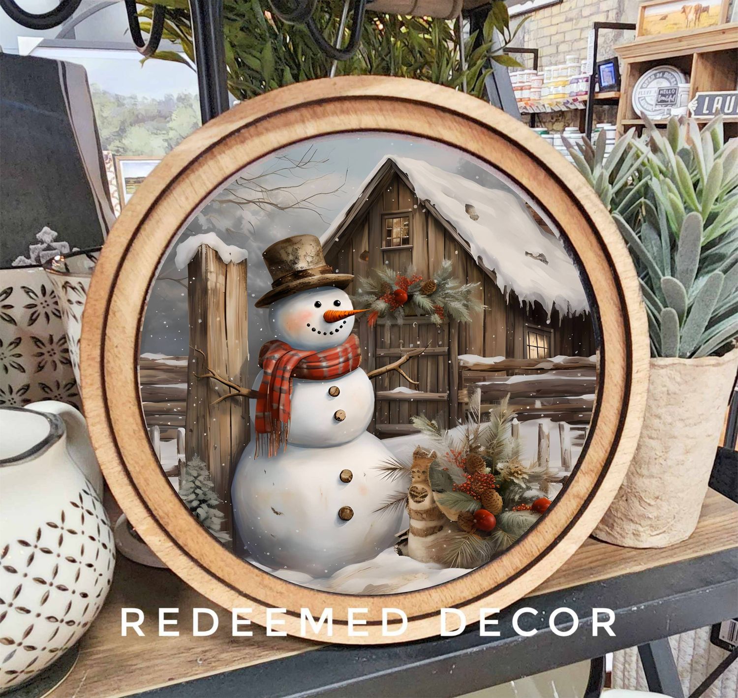 8&quot; Round Rustic Snowman Art