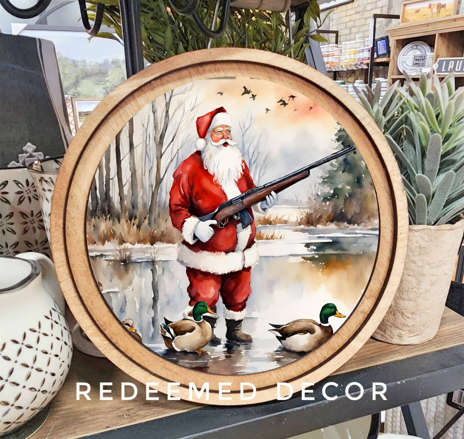 8&quot; Round Santa Duck Hunting Art