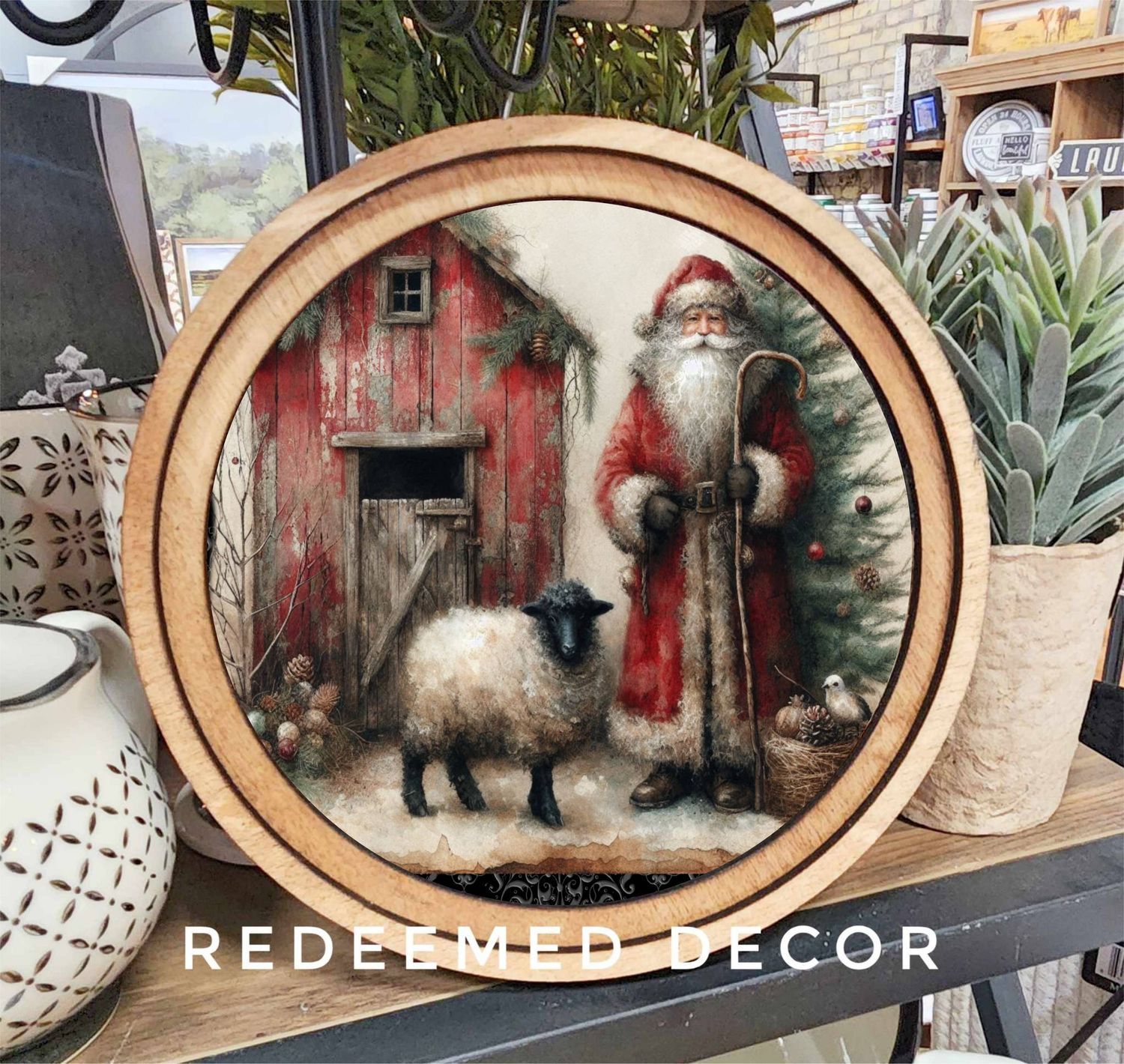 8&quot; Round Santa Sheep Art