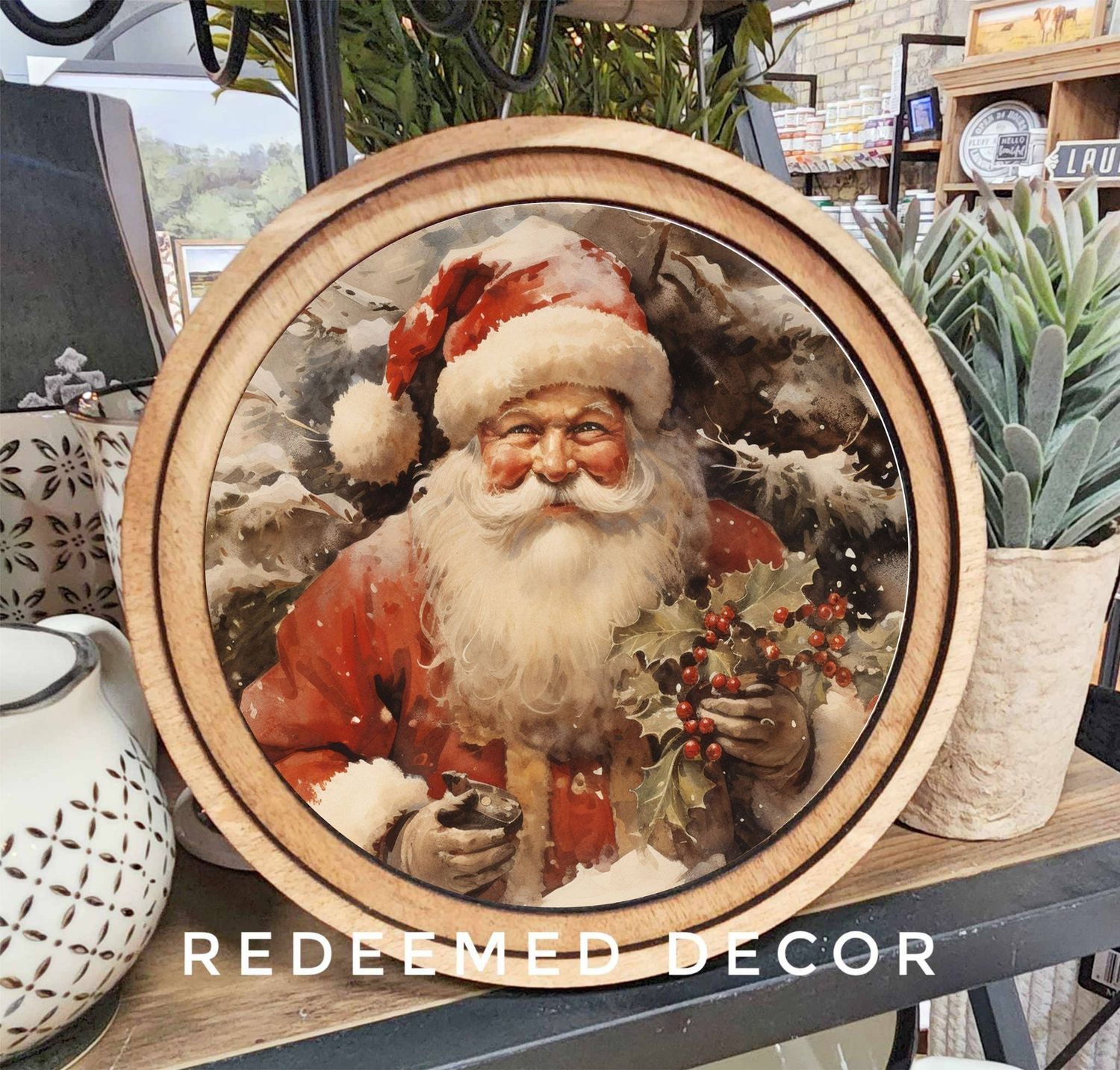 8&quot; Round Santa With Holly Art