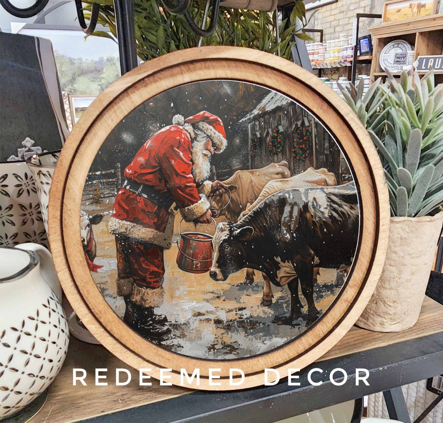 8&quot; Round Santa With Cows Art