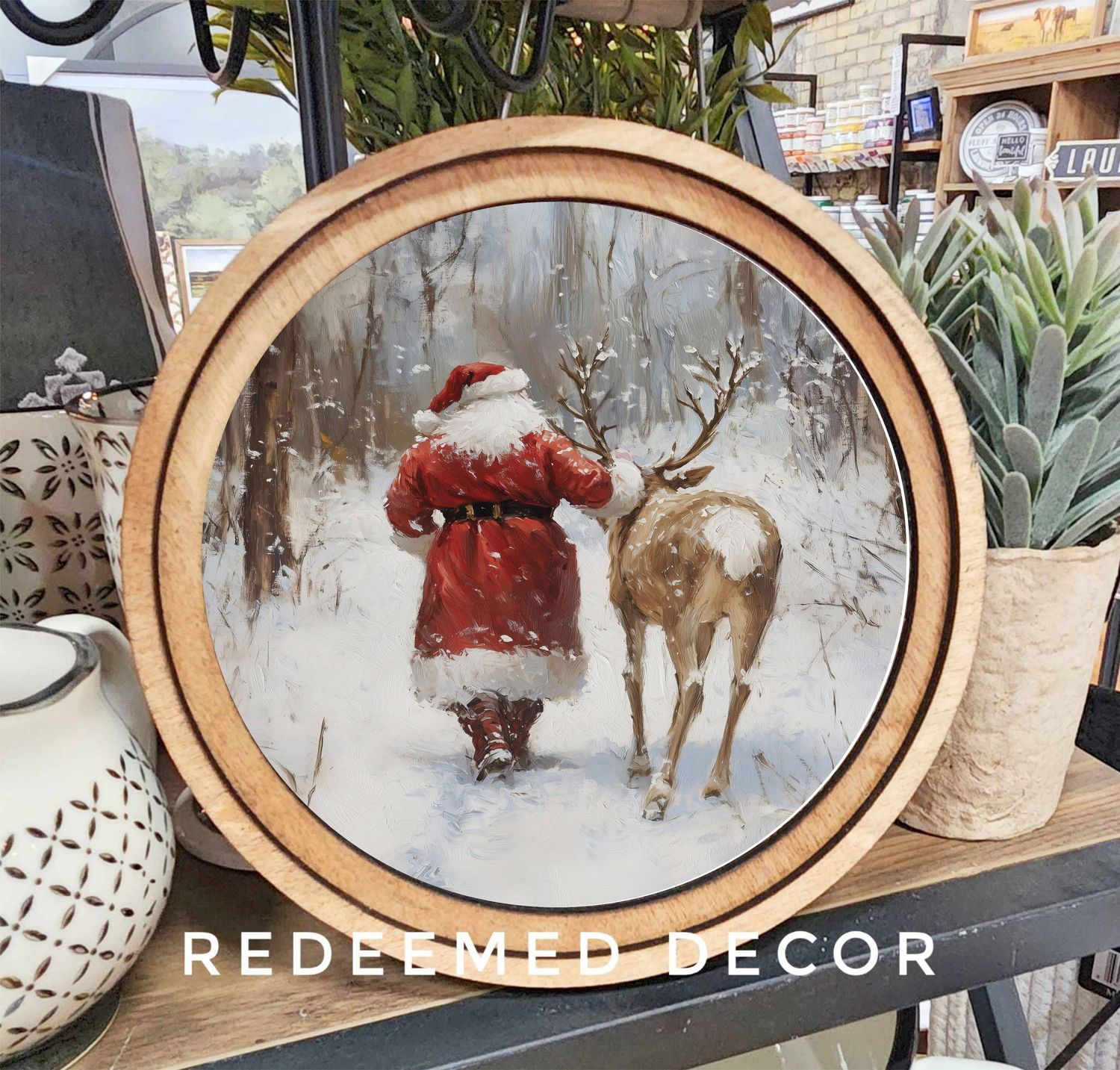 8&quot; Round Santa With Reindeer Art