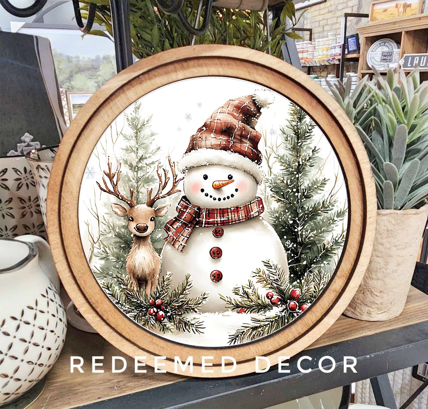 8&quot; Round Snowman Deer Art