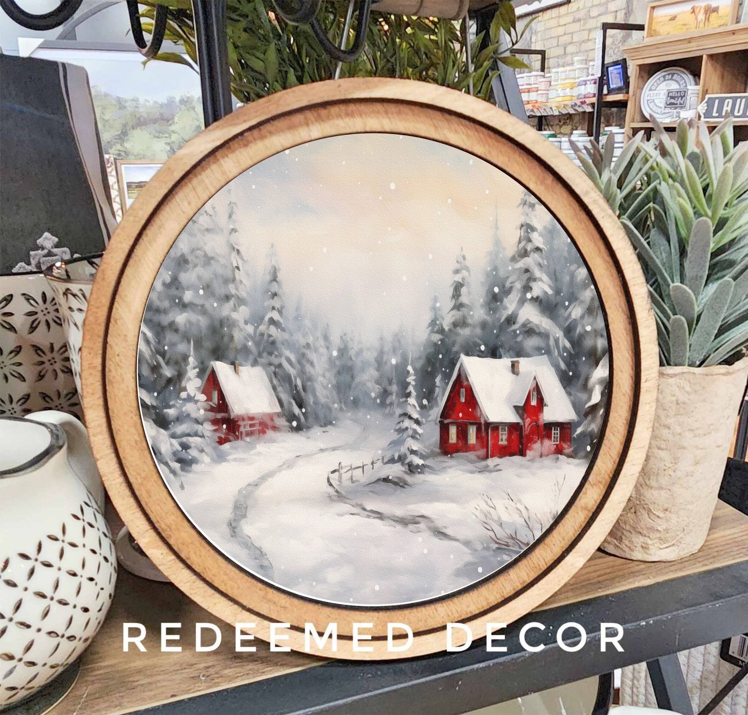 8&quot; Round Snowy Red Cabins Art